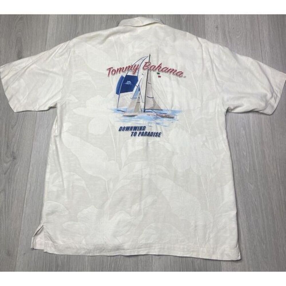 Tommy Bahama Shirt Men Medium Ivory Silk Embroidery Sailing Downwind to Paradise